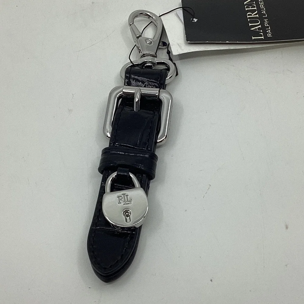 Lauren Ralph Lauren Black Croc Embossed Leather Buckle Padlock Keychain NWT